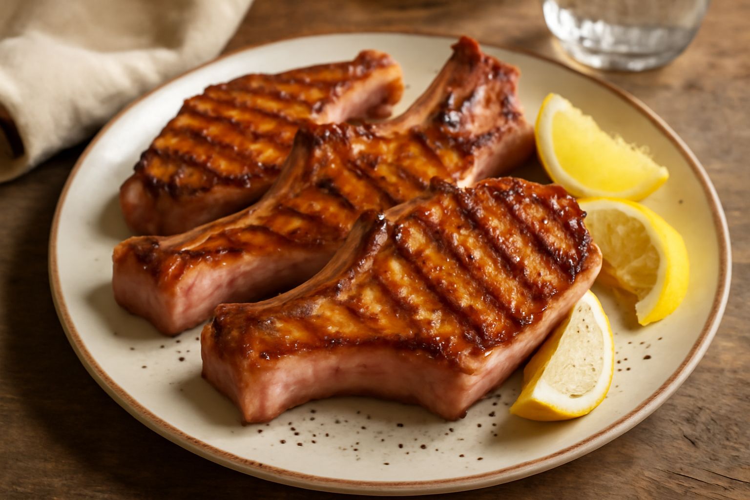 Tre costolette di maiale dorate e croccanti sulla piastra scura, con segni di cottura paralleli, contorno di limone fresco tagliato a spicchi e pepe nero macinato sopra