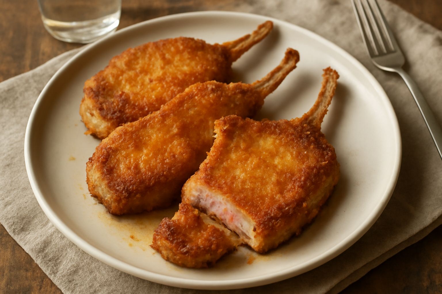 Due costolette dorate e croccanti appoggiate su un piatto bianco, con un motivo di limone affettato, prezzemolo fresco verde e una mezza fetta di limone al fianco
