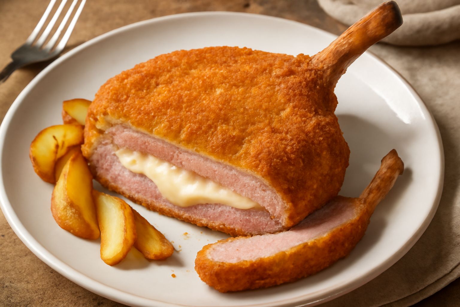 Costolette alla valdostana dorate e croccanti nel piatto bianco, con limone affettato, timo fresco e una goccia di burro fuso che riluce sulla superficie dorata