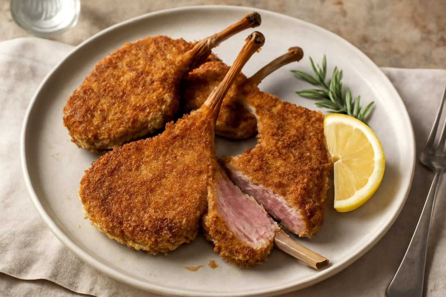 Quattro costolette d'abbacchio dorate e croccanti in padella, impanate, con rosmarino fresco e limone sul bordo del piatto, vapore che sale dalla cottura