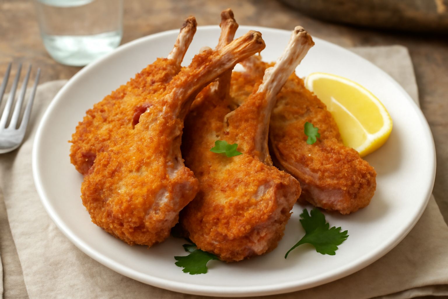 Costolette d'abbacchio dorate e croccanti su piatto bianco, guarnite con fette di limone fresco e prezzemolo verde, olio d'oliva lucente sulla superficie
