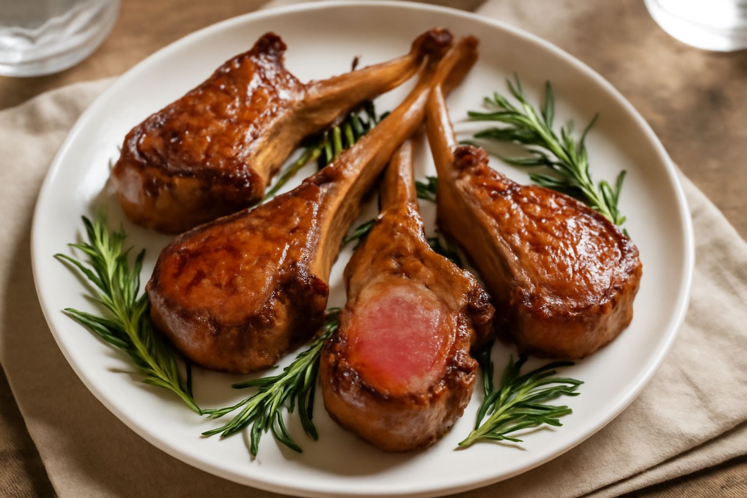 Tre costolette d'agnello dorate su entrambi i lati, servite su piatto bianco con rosmarino fresco, limone e contorno di verdure di stagione grigliate