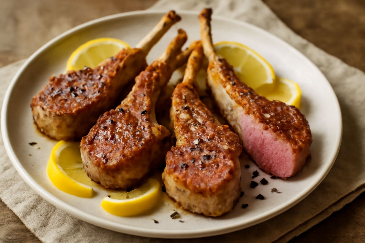 Costolette d'agnello rosate al centro, croccanti e dorate in superficie, disposte su un piatto bianco con limone tagliato a spicchi e rametti di rosmarino fresco