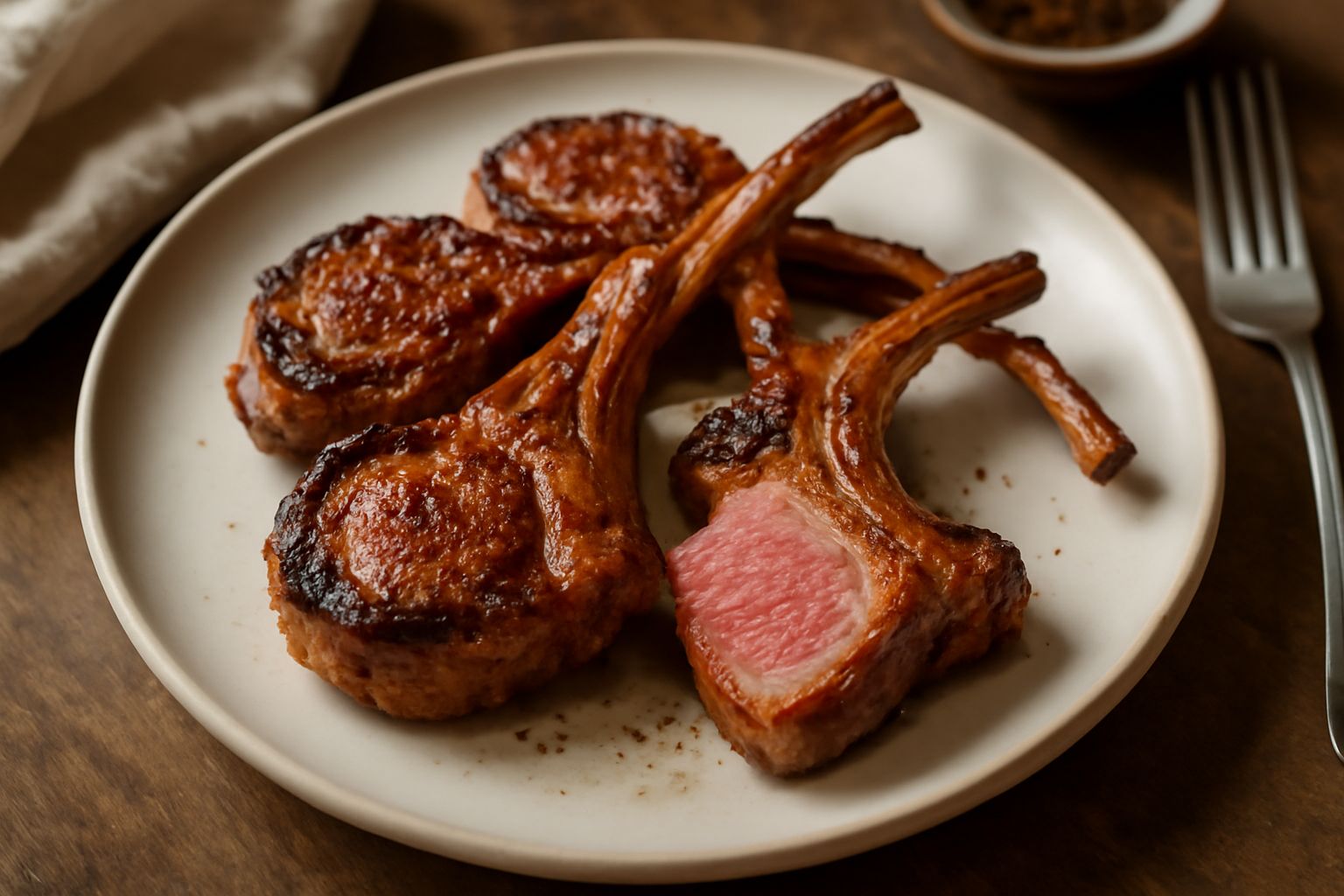 Costolette d'agnello grigliate dorate e caramellate su una brace viva, con rosmarino fresco e limone a fette sul bordo del piatto bianco