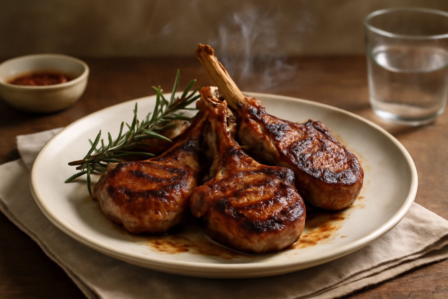 Tre costolette d'agnello dorate e grigliate su un piatto bianco, accompagnate da rametti di rosmarino fresco, limone tagliato e insalata verde chiara di contorno