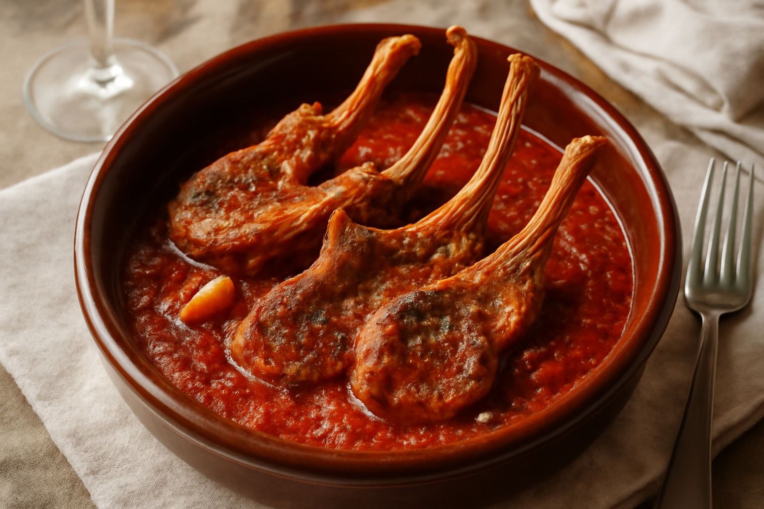 Costolette d'agnello rosate e dorate in una pentola di terracotta scura, circondate da salsa rossa di pomodoro, aglio intero e erbe aromatiche, vapore che sale dal piatto