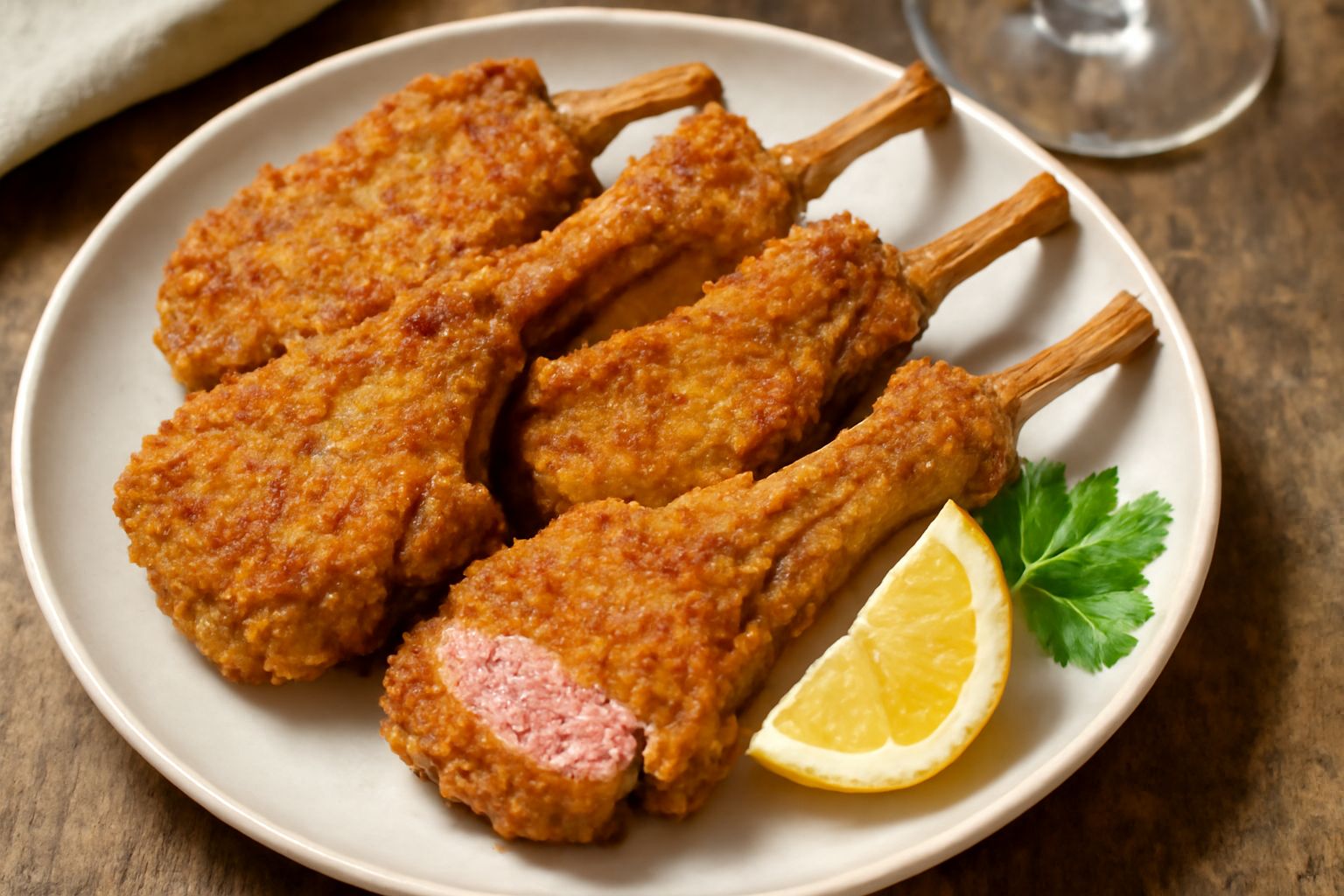 Tre costolette d'agnello dorate e croccanti su piatto bianco, guarnite con fetta di limone giallo e prezzemolo verde fresco, osso in evidenza