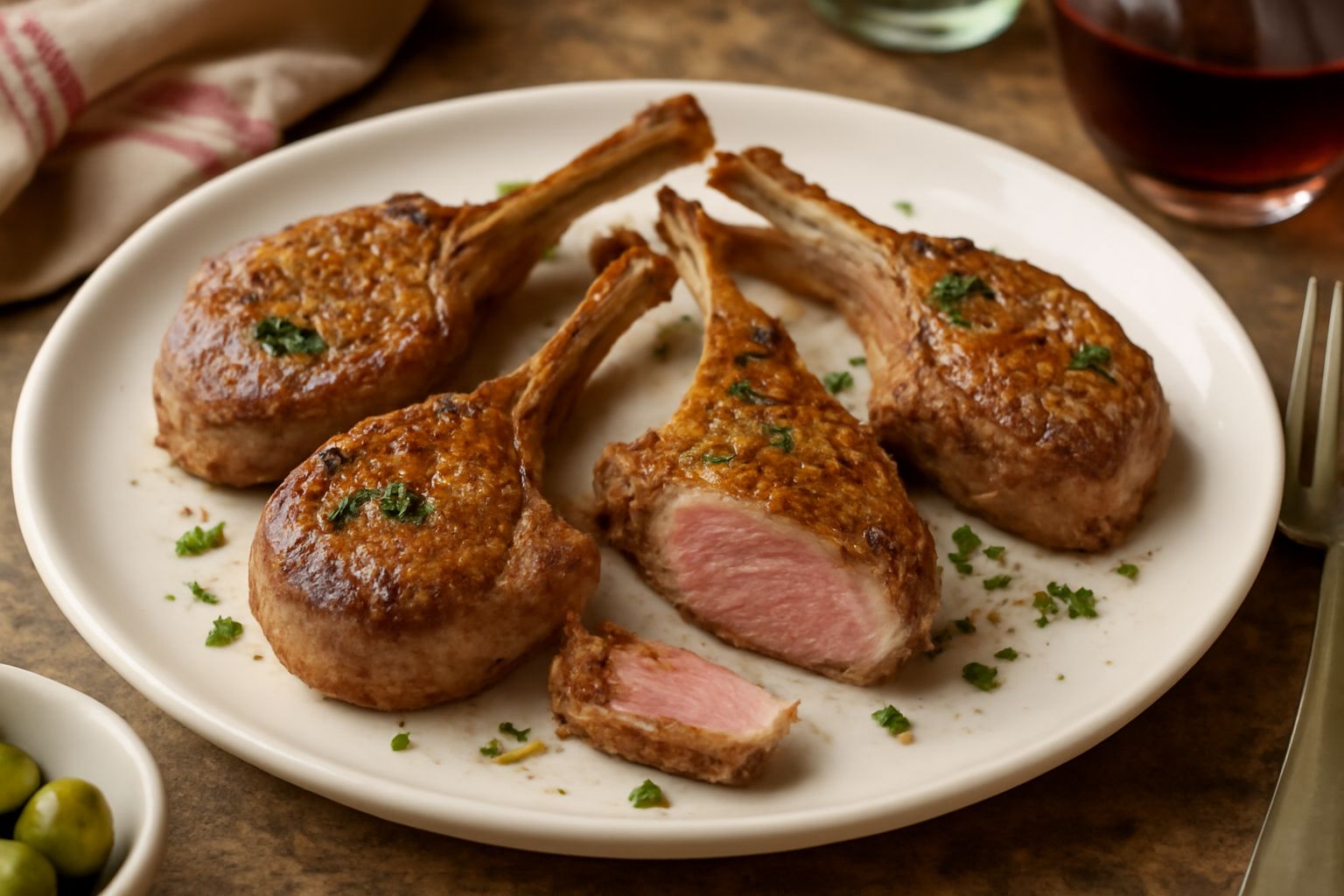 Quattro costolette di agnello dorate e rosate al centro, adagiate su un piatto bianco con contorno di limone fresco tagliato a spicchi e rametti di rosmarino
