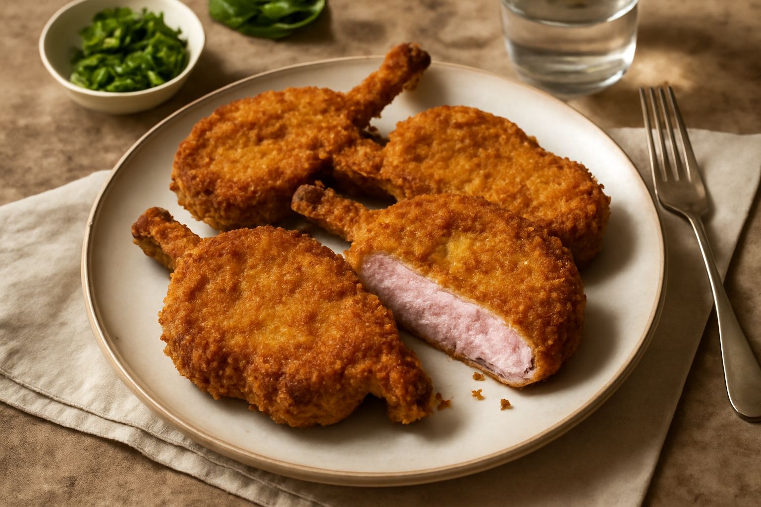 Tre costolette di maiale dorate e croccanti su un piatto bianco, tagliate per mostrare l'interno rosato e succoso, con contorno di limone fresco e sale marino grosso