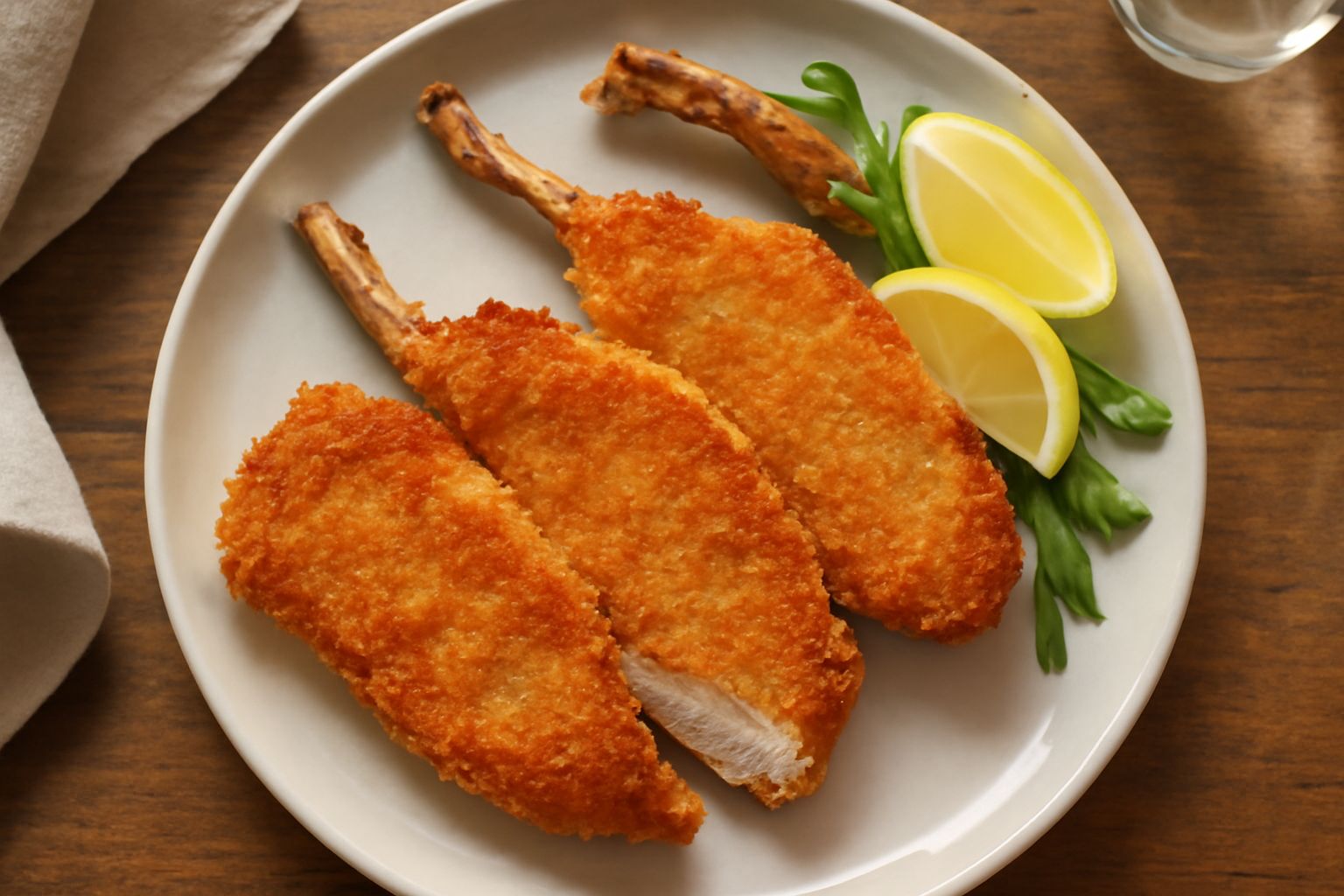 Tre costolette di tacchino dorate e croccanti in un piatto bianco con limone a spicchi e prezzemolo fresco spolverato, sfondo neutro