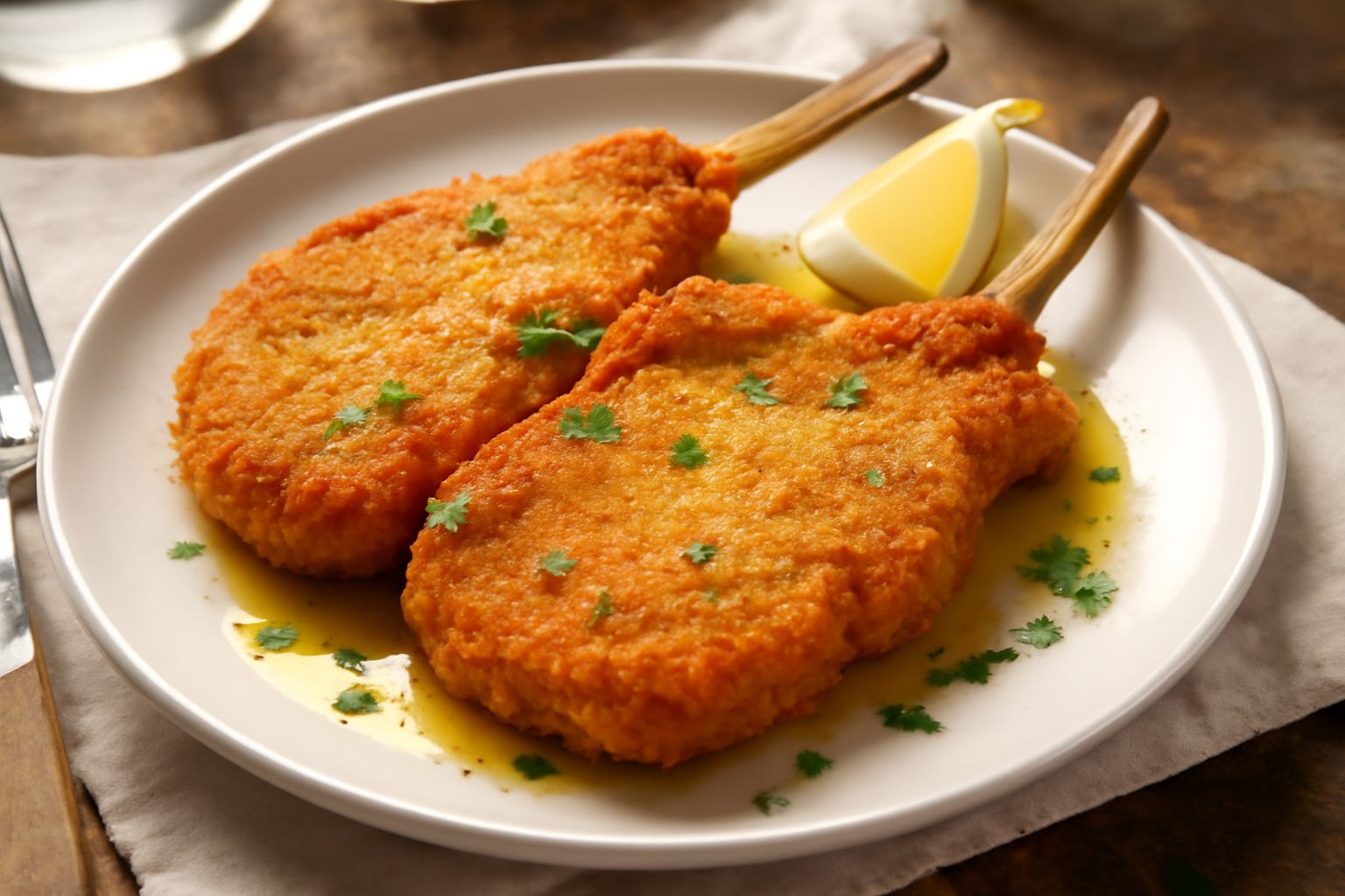 Tre costolette di vitello dorate e croccanti in un piatto bianco, accompagnate da fette di limone fresco e prezzemolo verde, con una pozza di olio risplendente attorno