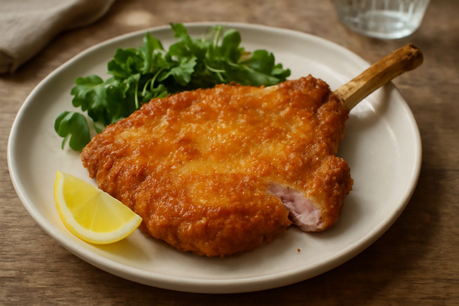 Tre costolette di vitello dorate e croccanti su un piatto bianco, circondate da fette di limone fresco e insalata verde, panatura uniforme color oro