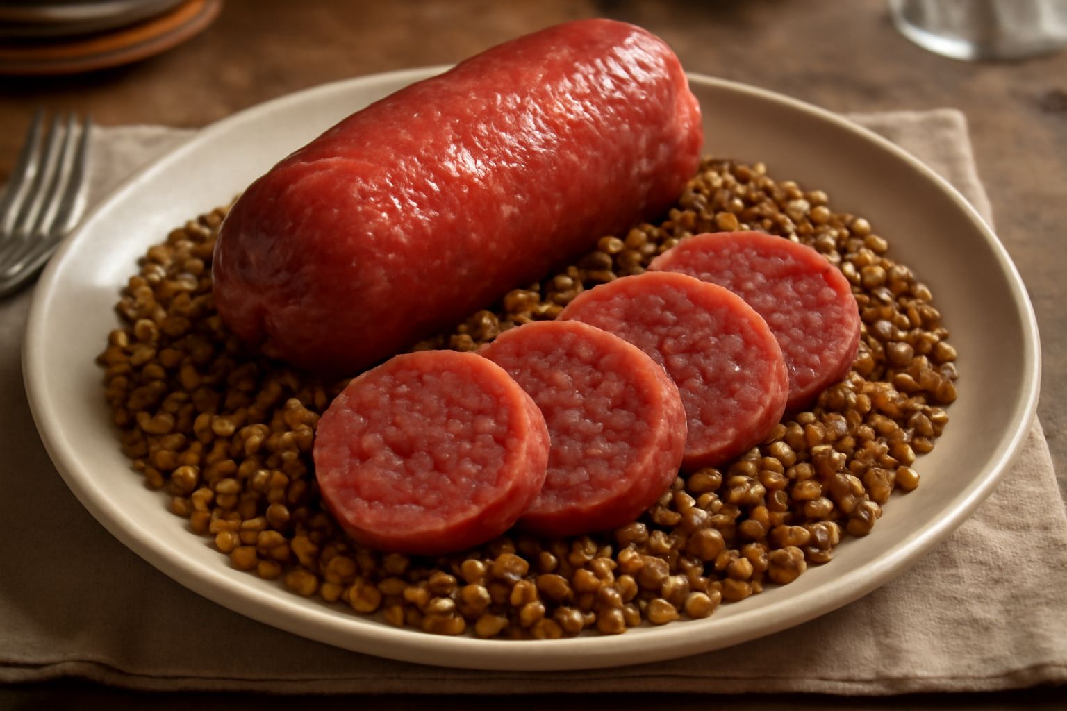 Cotechino affettato e caldo su piatto bianco, con lenticchie dorate ai lati e purea di patate gialla, guarnito con rucola fresca