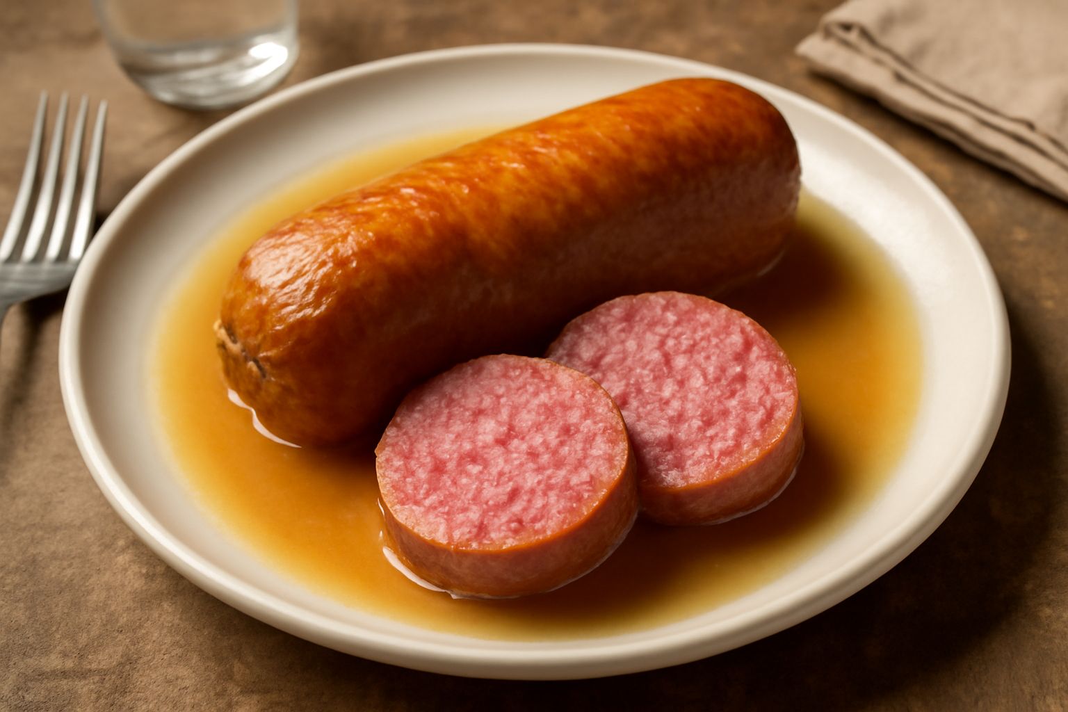 Cotechino affumicato intero tagliato a fette in un piatto bianco con brodo caldo, contorno di lenticchie rosse e cipolla cruda grattugiata accanto
