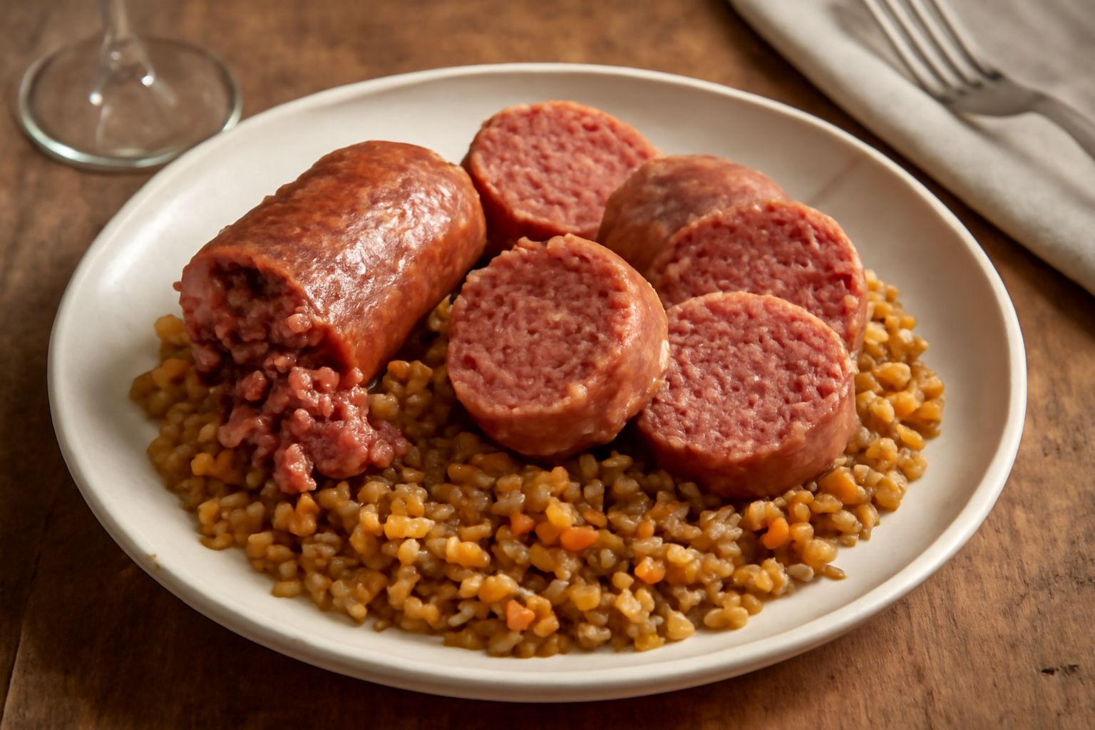 Cotechino intero in pentola con acqua calda, accanto fette dorate in padella di ferro con cipolla e erbe aromatiche