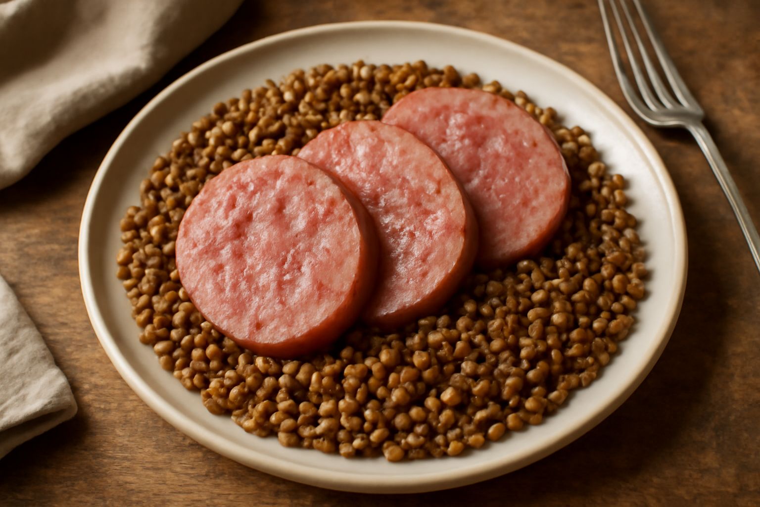 Piatto in porcellana bianca con cotechino affettato al centro circondato da lenticchie marroni calde, con leggero vapore, condito con olio e prezzemolo fresco