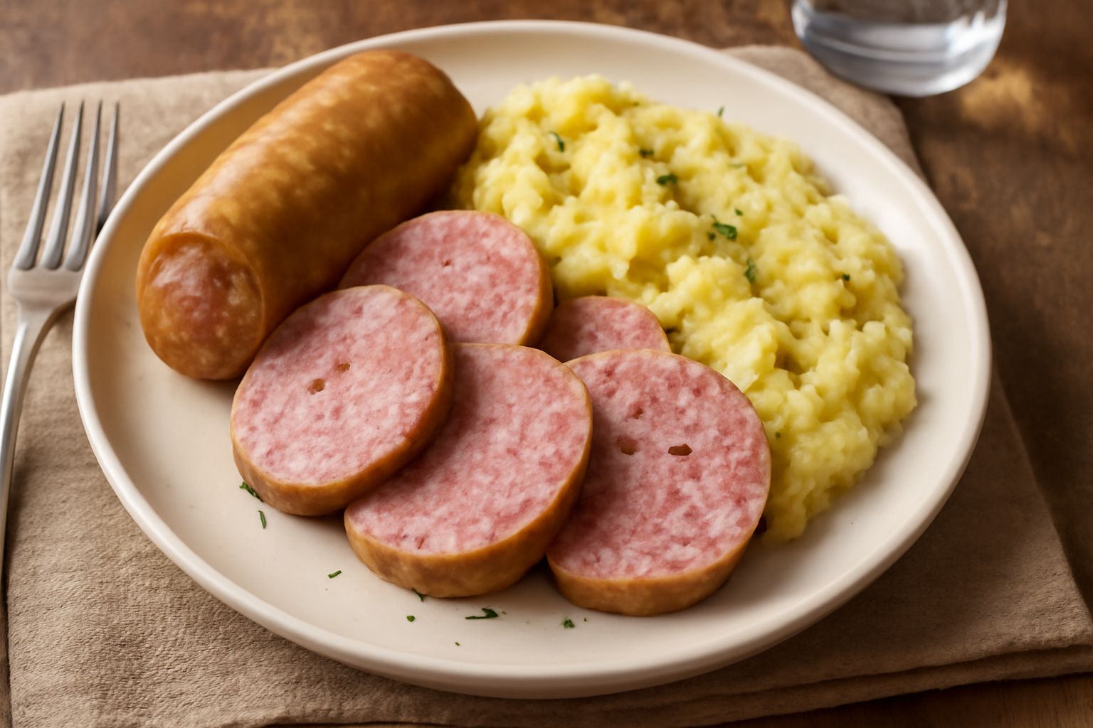 Cotechino di Treviso affettato su un piatto bianco, accompagnato da polenta cremosa e contorno di verdure lesse, con buccia marrone dorata visibile
