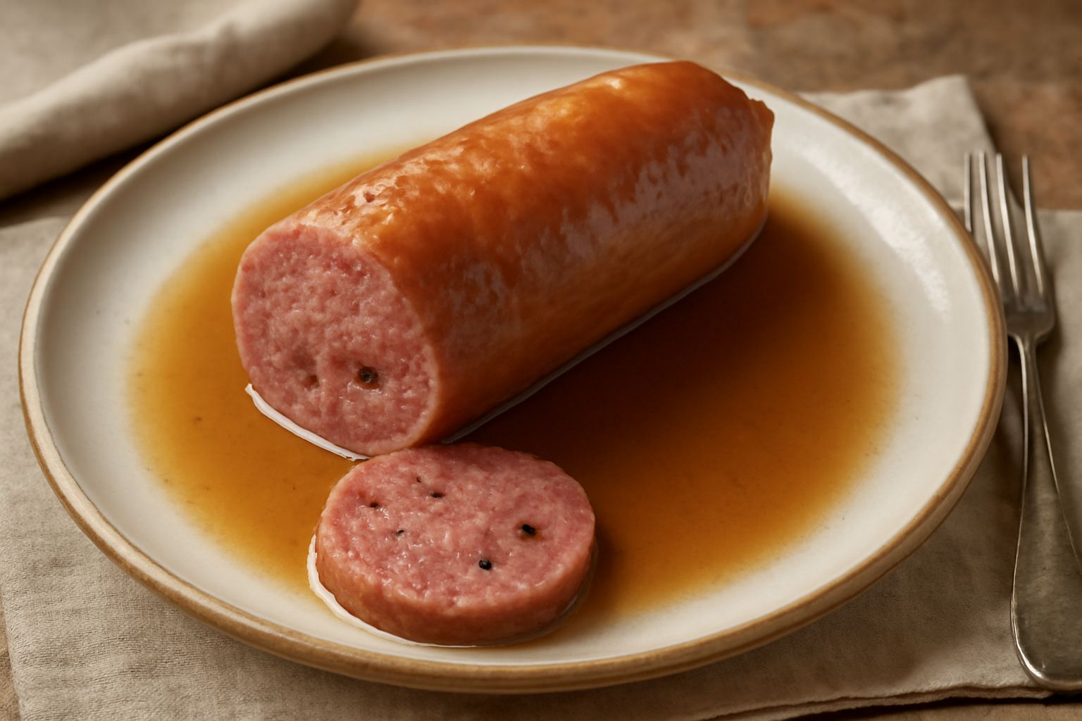 Cotechino fresco affettato su piatto bianco, colore marrone rosato con grani di pepe visibili, servito con lenticchie scure e cipolla caramellata ai lati