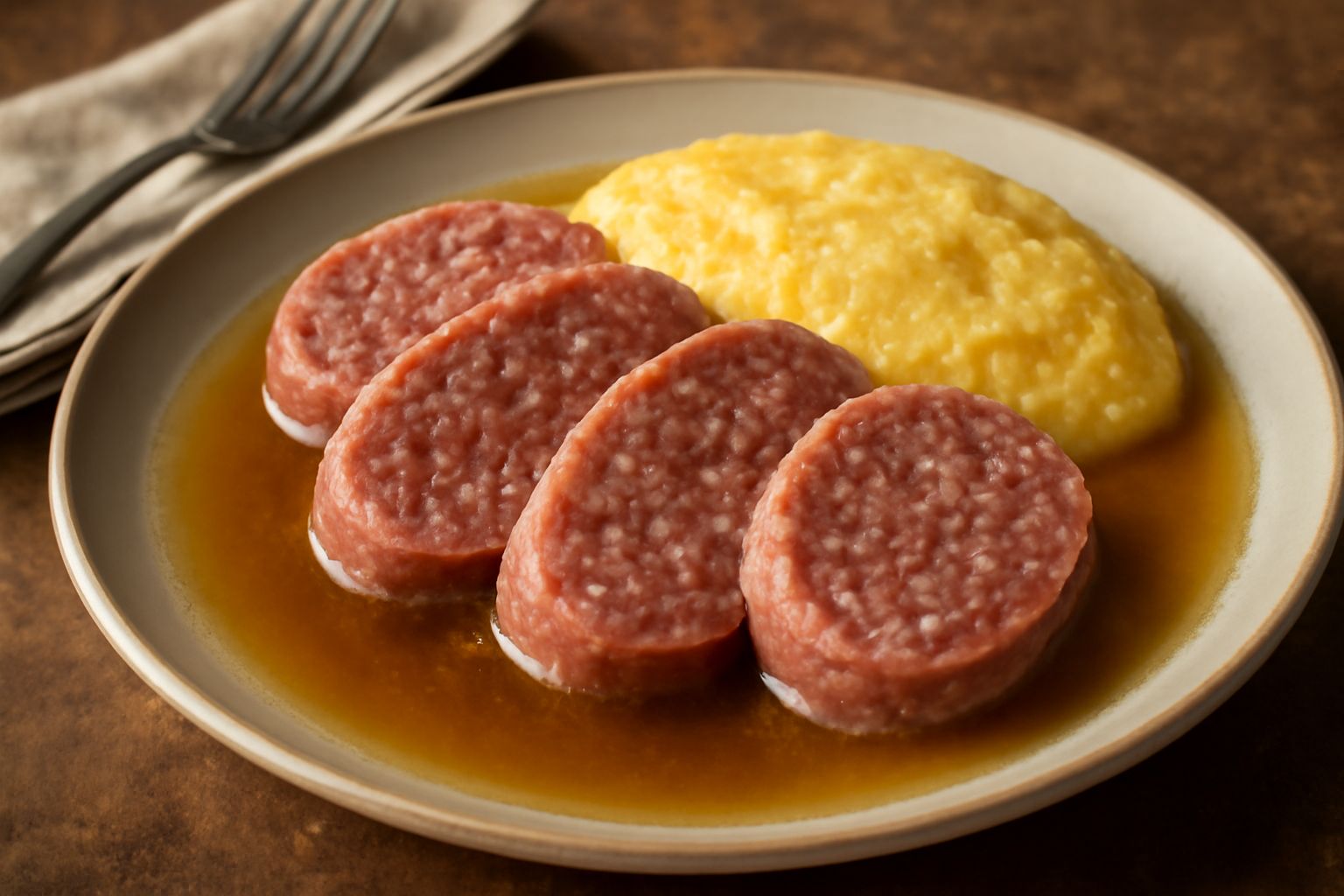 Cotechino friulano affettato nel piatto bianco, circondato da brodo fumante, polenta gialla cremosa sul bordo, decorato con prezzemolo verde fresco, contorno di cipolle brasate dorate