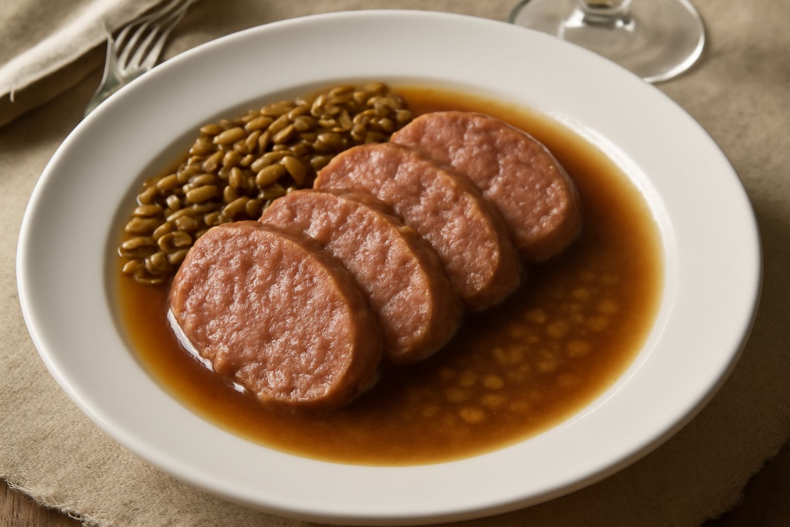 Ciotola di ceramica bianca con cotechino affettato spesso immerso in brodo trasparente e fumante, guarnito con prezzemolo fresco, in sottofondo cucchiaio di legno
