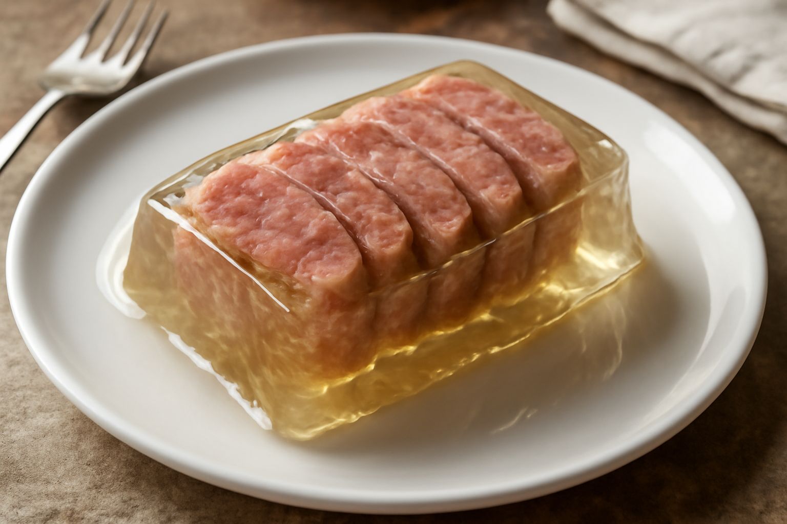 Piatto bianco con fette di cotechino rosa e grigio completamente coperte da una gelatina trasparente e brillante, contorno di verdure miste crude e salsa verde in una ciotola accanto