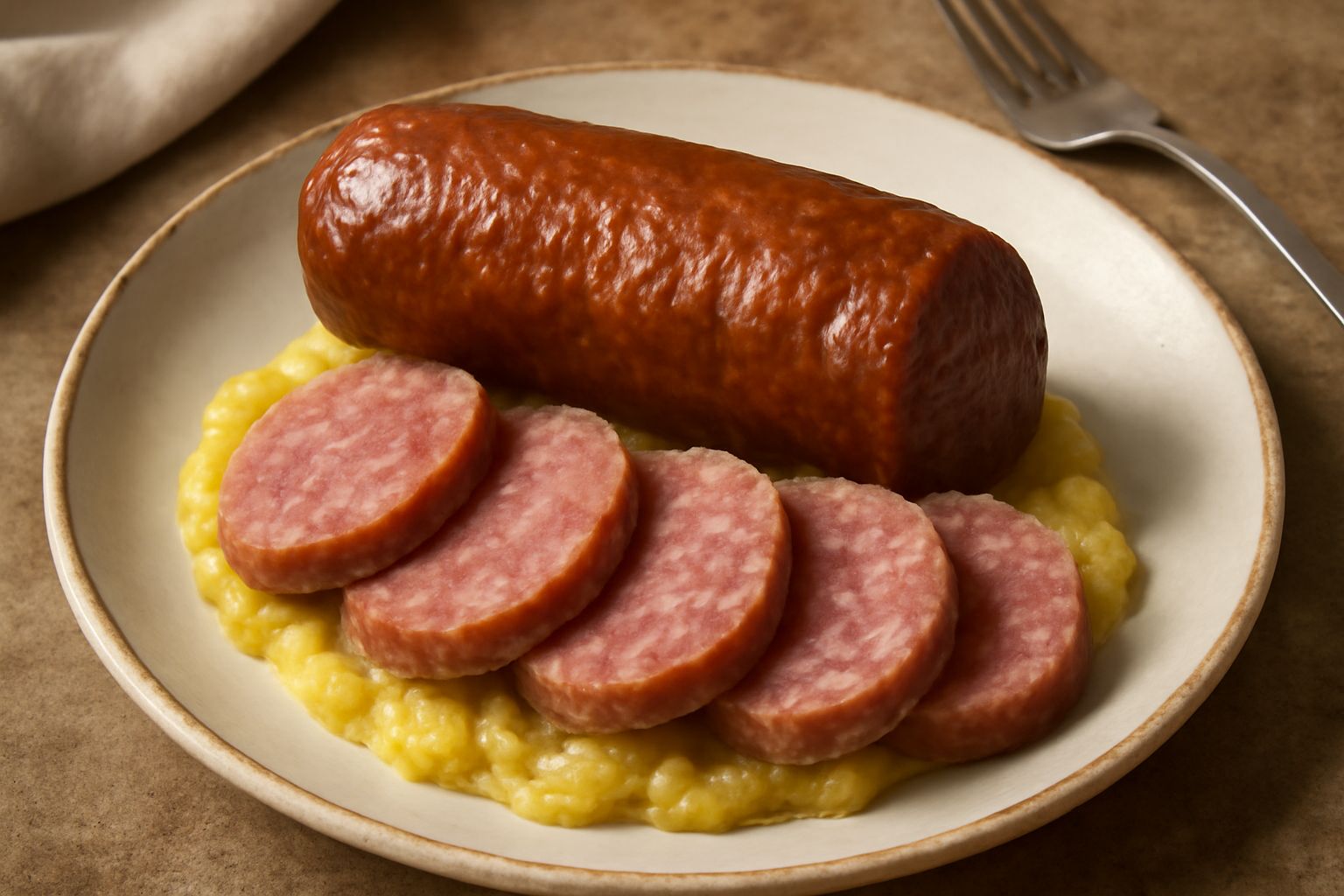 Fette di cotechino piemontese dorato e rosato su un piatto bianco, accanto a purea di patate cremosa e contorno di verdure cotte