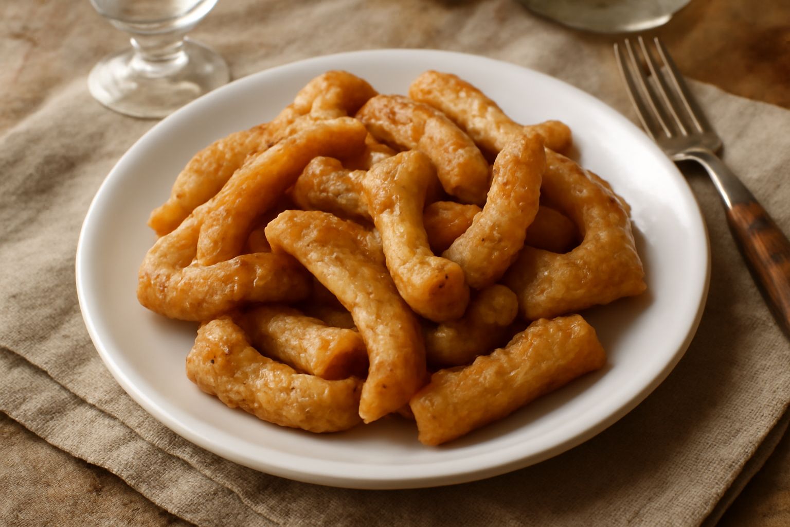 Pezzi di cotenna fritta dorati e croccanti disposti su carta assorbente bianca, con sale grosso e pepe nero sparsi accanto