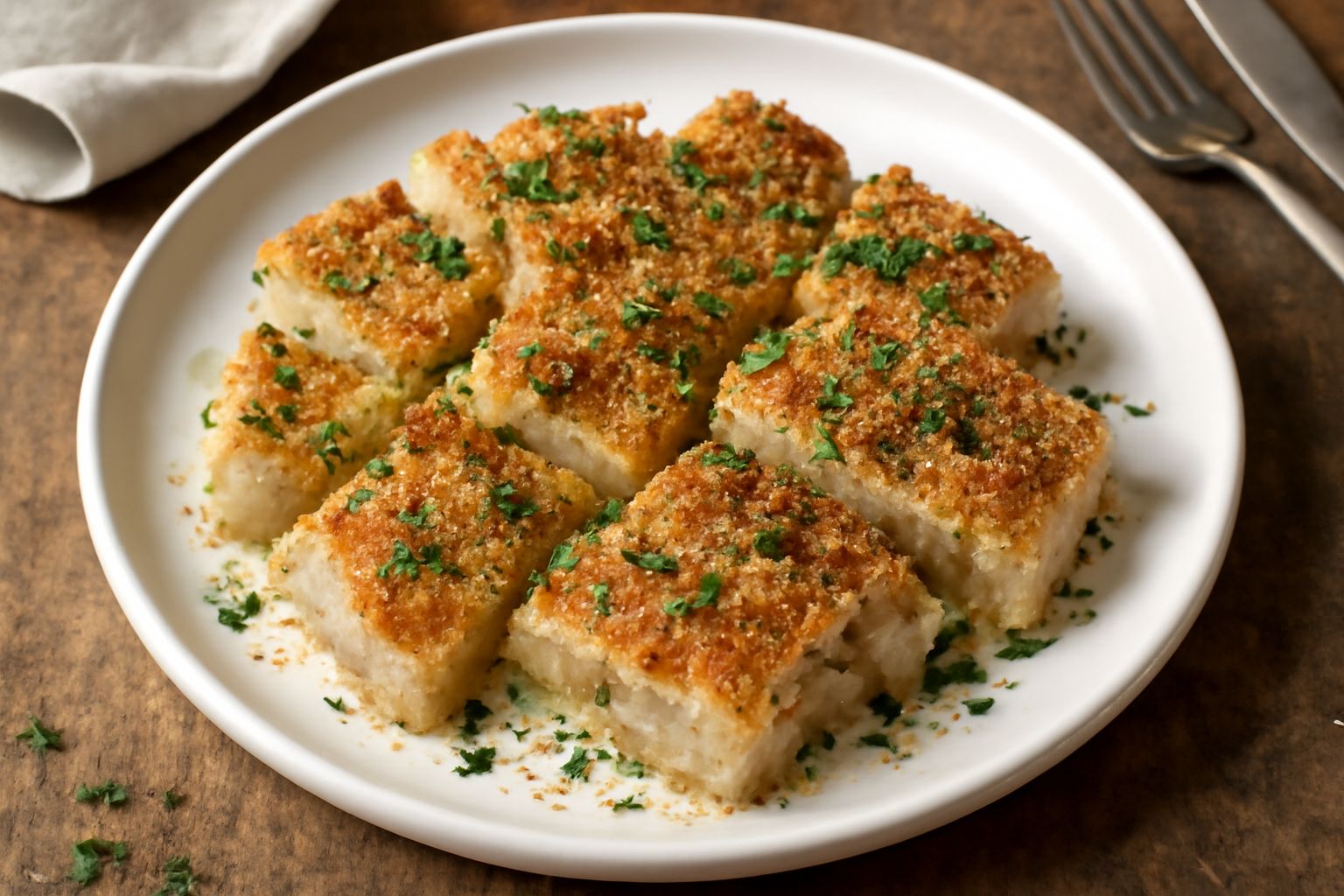 Cotenna gratinata dorata e croccante in un piatto bianco, con una crosticina marrone chiaro, bordi caramellati, guarnita con prezzemolo fresco, su sfondo di legno scuro