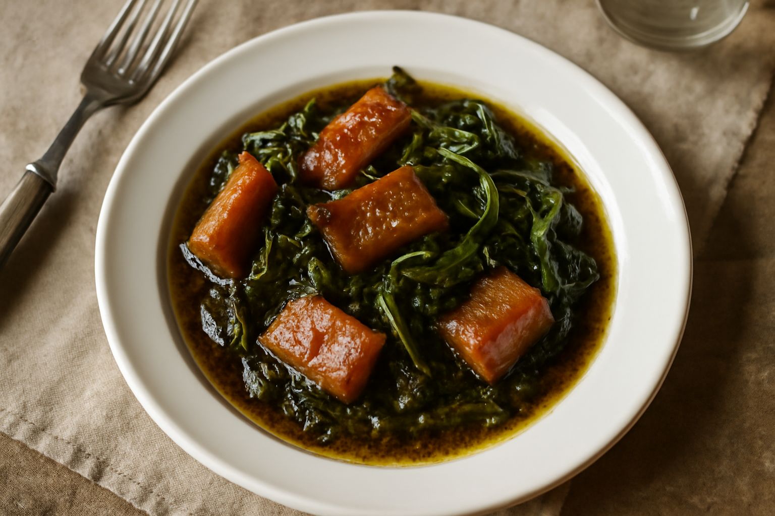 Piatto fondo con pezzi di cotica dorata croccante ai bordi, cicoria selvatica verde scuro annerita, olio d'oliva lucido in superficie, pane tostato ai lati, sfondo bianco