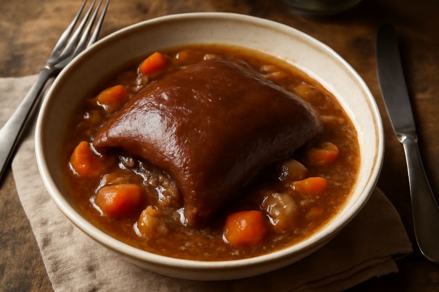 Cotica morbida in umido in una ciotola di ceramica bianca, circondata da brodo scuro, accompagnata da cubetti di pane tostato e prezzemolo fresco, con carote e cipolle ben visibili nel brodo