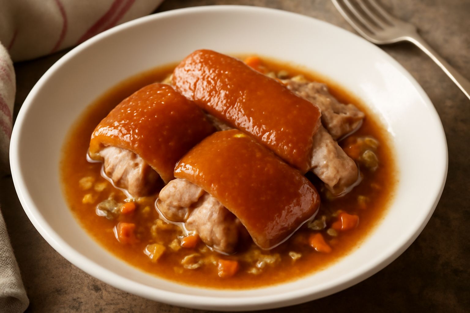 Cotiche cotte in umido nel piatto, color marrone dorato, tenere e bagnate dal brodo, contornate da sedano, carota e cipolla morbidi, guarnite di prezzemolo fresco