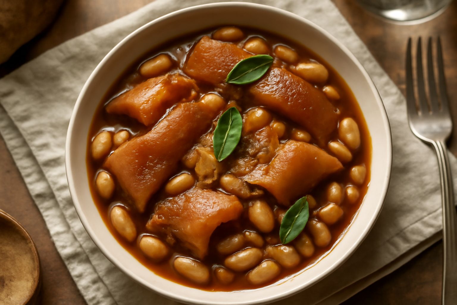 Piatto fondo di ceramica bianca con cotiche di maiale peccato e morbide immerse in un brodo ricco di fagioli cannellini bianchi, cipolla rosso scuro caramellata visibile, olio lucido in superficie, pa