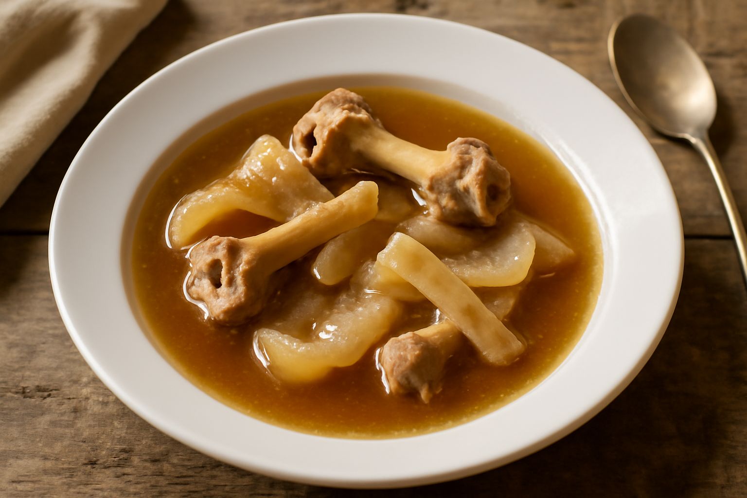 Ossa di manzo e cotiche grigiastre in un brodo trasparente e leggermente dorato dentro una pentola in acciaio, con vapore caldo che sale
