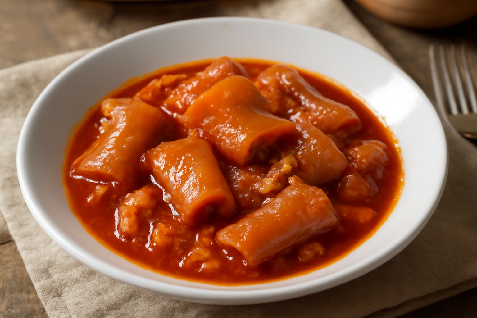 Piatto fondo di ceramica bianca con cotiche in umido: pezzi morbidi marrone scuro immersi in sughetto rosso con pomodoro, cipolle dorate e erbe aromatiche sparse in superficie, vapore visibile