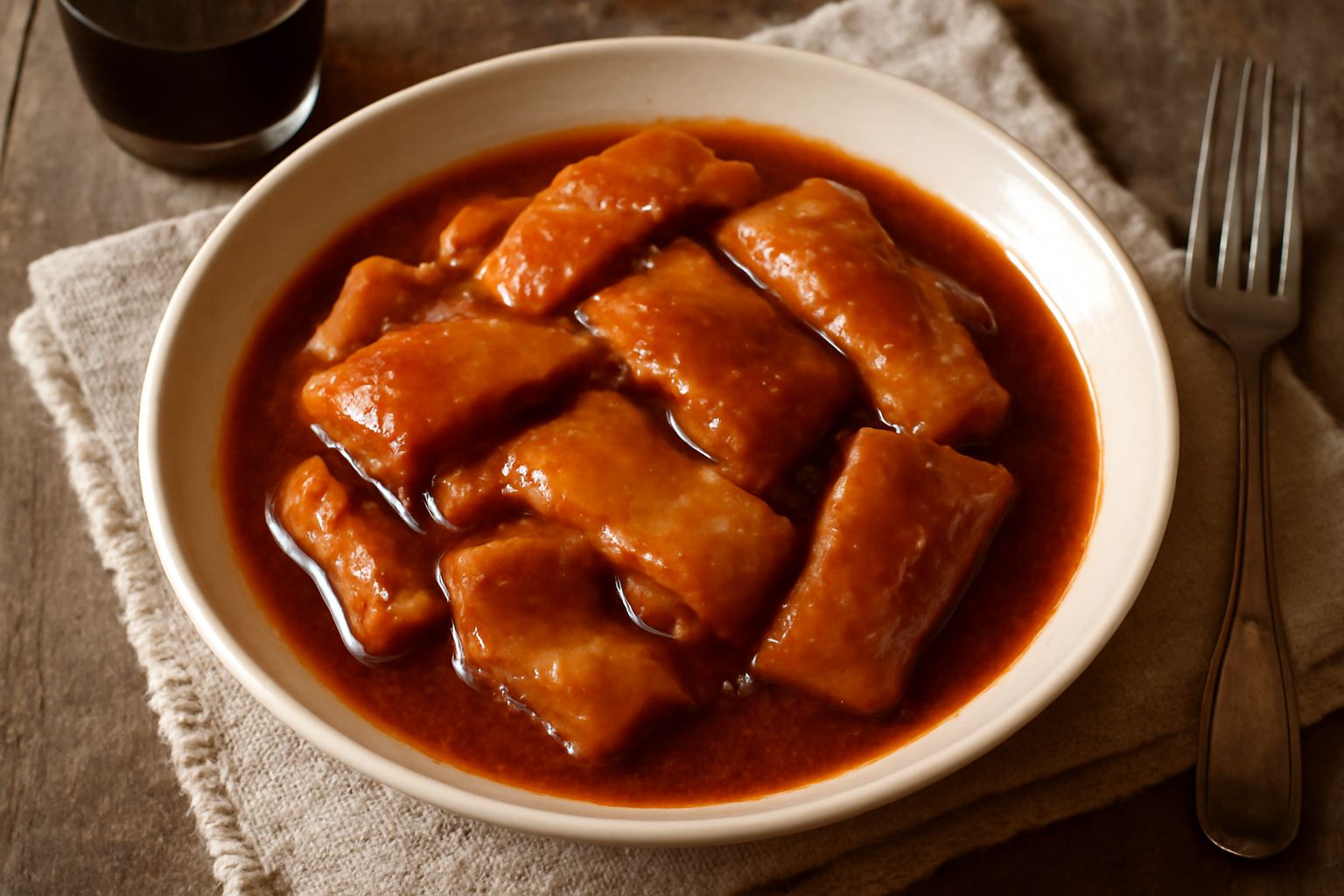 Piatto fondo di ceramica bianca con cotiche in umido rosso scuro, pelle di maiale tenera in brodo denso con pomodoro, cipolla visibile, contorno di sedano e prezzemolo fresco, servito con pane tostato