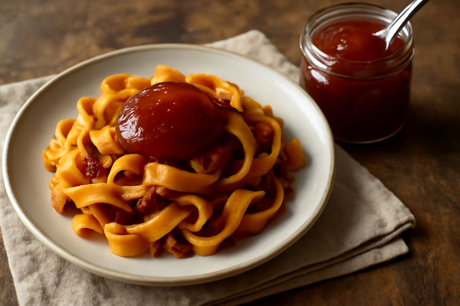 Vasetto di confettura di cotogne color ambra scuro con colore traslucido, cotogne tagliate a metà sullo sfondo, cucchiaio di legno con marmellata, zucchero semolato e limone fresco accanto al vasetto