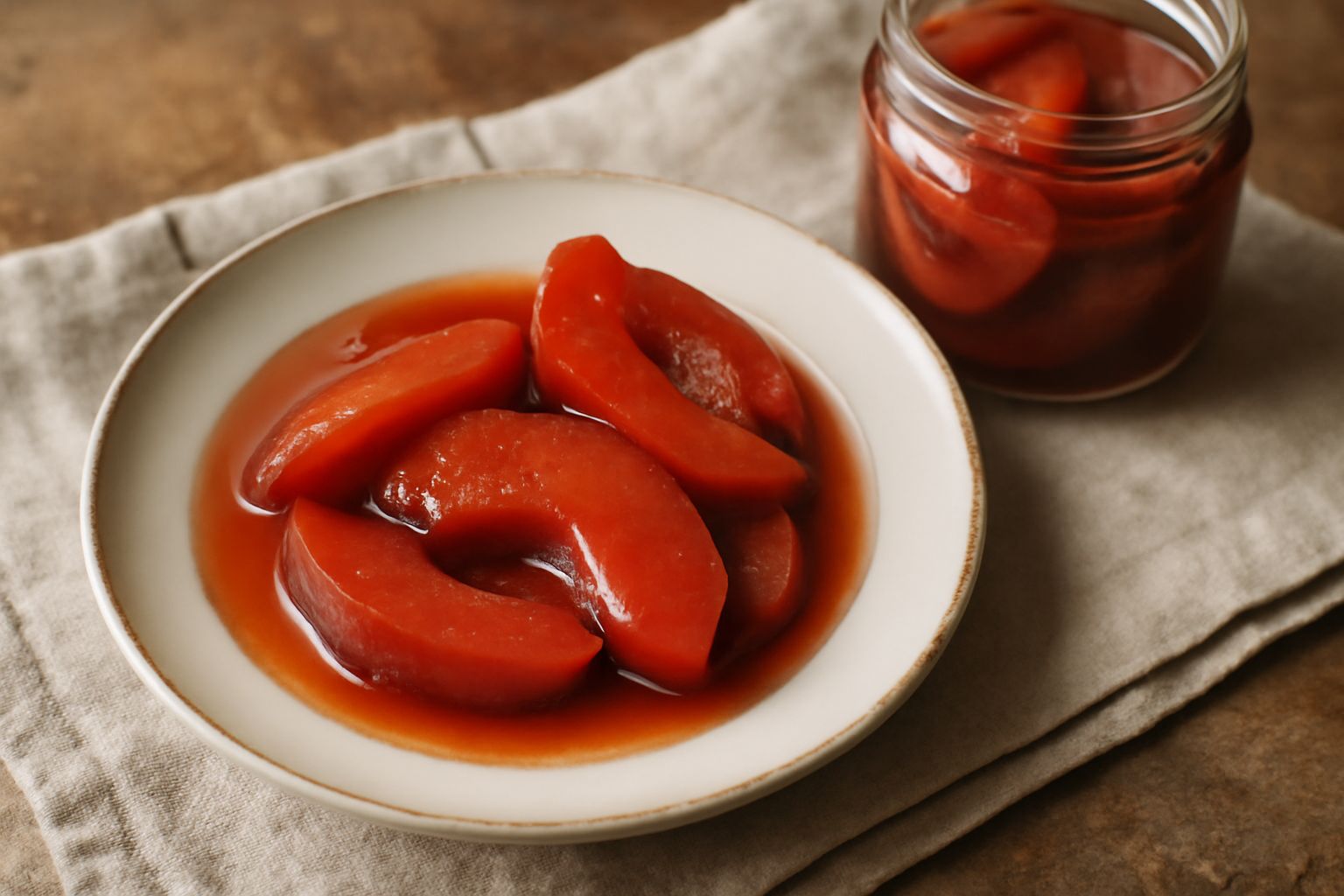 Barattolo di vetro trasparente con cotogna in sciroppo: fette di frutto rosso-arancio in sciroppo denso e traslucido, accanto un cucchiaio di legno e mezzo frutto di cotogna intero sullo sfondo