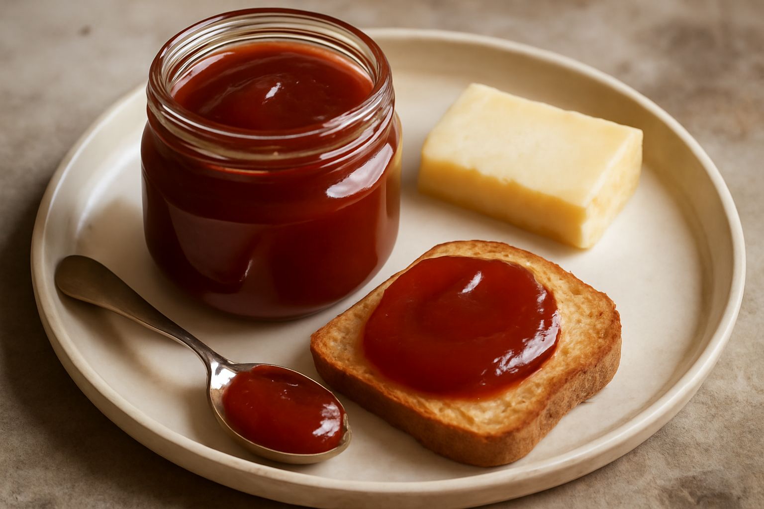 Barattolo di vetro con cotognata rosso scuro e lucida, con coperchio di plastica beige, circondato da mele cotogne gialle intere, un cucchiaio di legno con un po' di marmellata e limone affettato