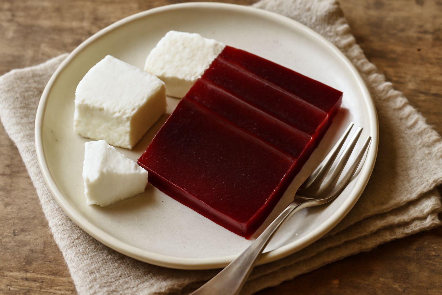 Cotognata veneta di colore rosso scuro e brillante, affettata a fette regolari su un piatto bianco, accanto a formaggi morbidi e noci, su un tavolo di legno naturale