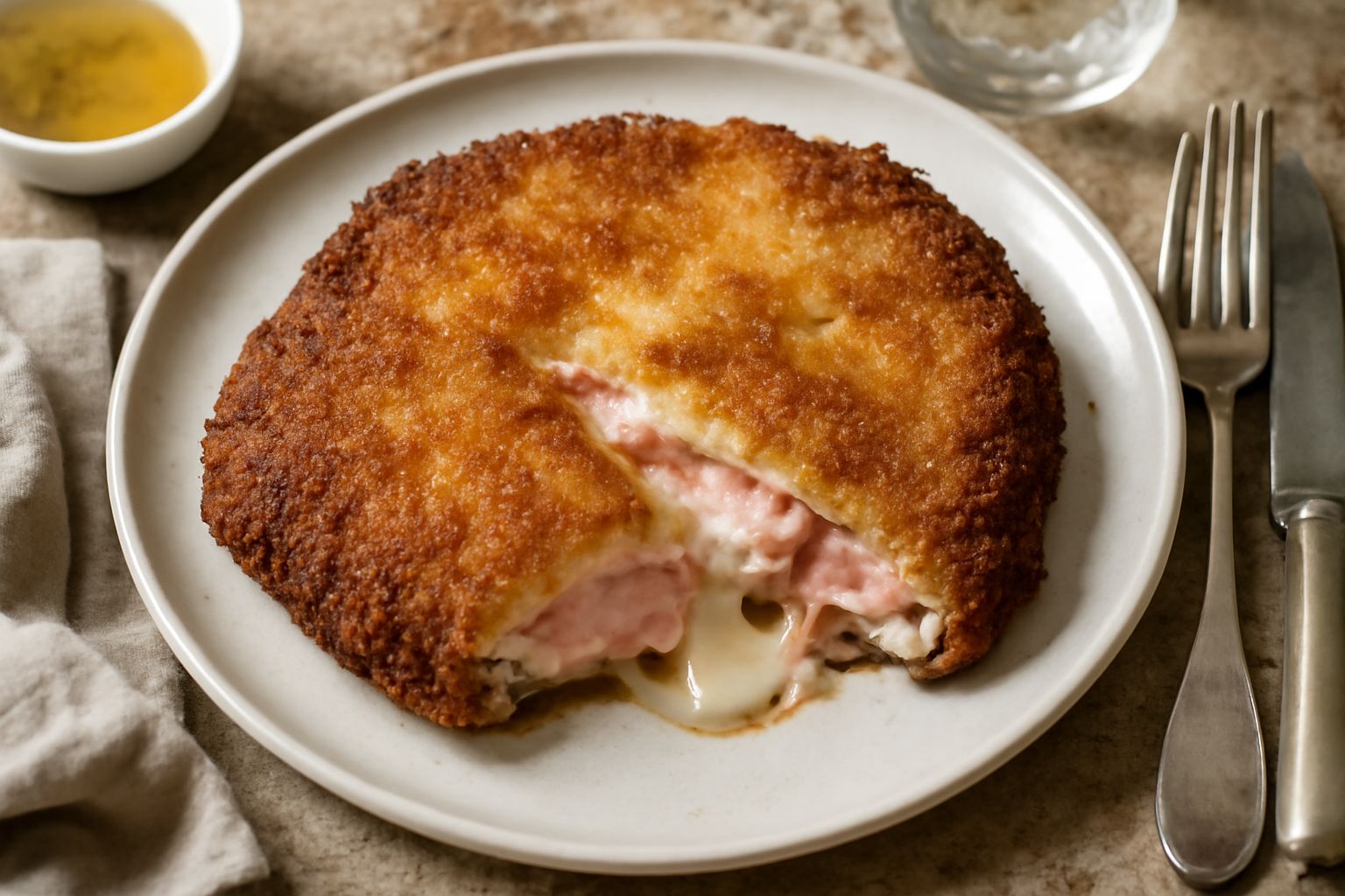 Una cotoletta alla bolognese dorata e croccante appena fritta, vista dall'alto in piatto bianco, con il ripieno di prosciutto e formaggio giallo visibile dal taglio, contorno di limone fresco