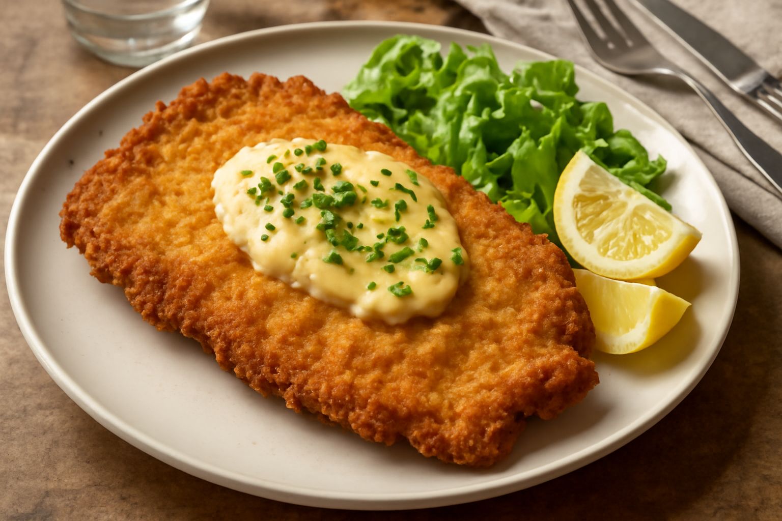 Cotoletta alla bolzanina dorata e croccante nel piatto, con una leggera patina di burro fuso, contorno di limone fresco affettato sottile, insalata verde morbida in sottofondo
