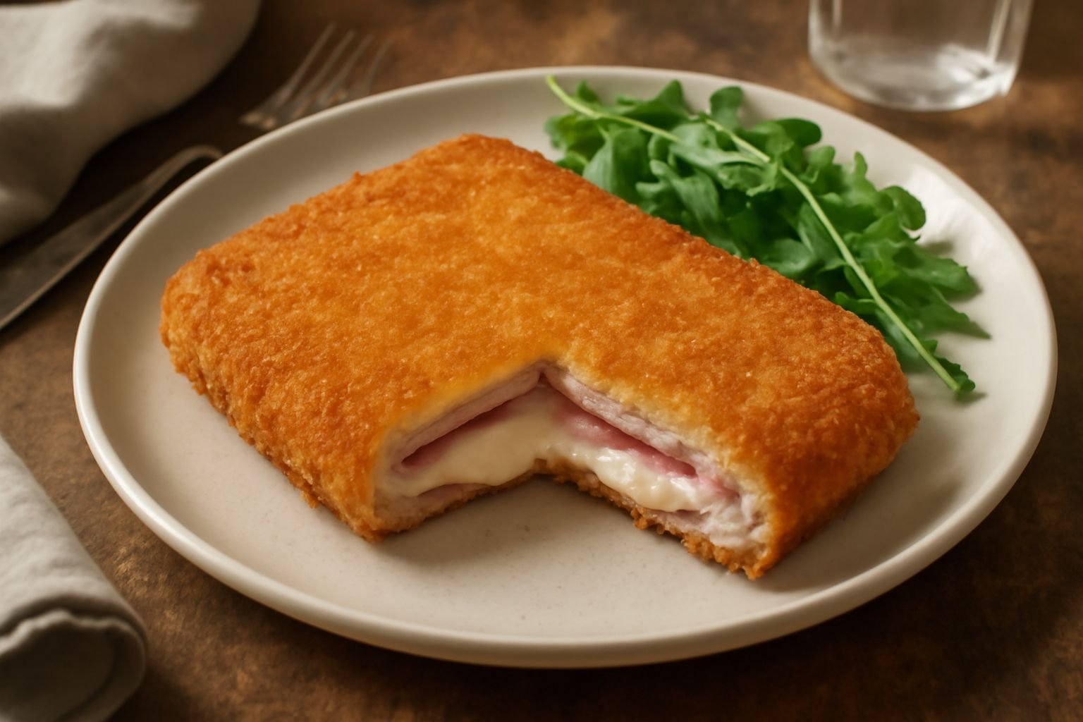 Cotoletta alla cremona dorata in un piatto bianco, tagliata a metà per mostrare il ripieno di prosciutto e formaggio, contornata da limone fresco