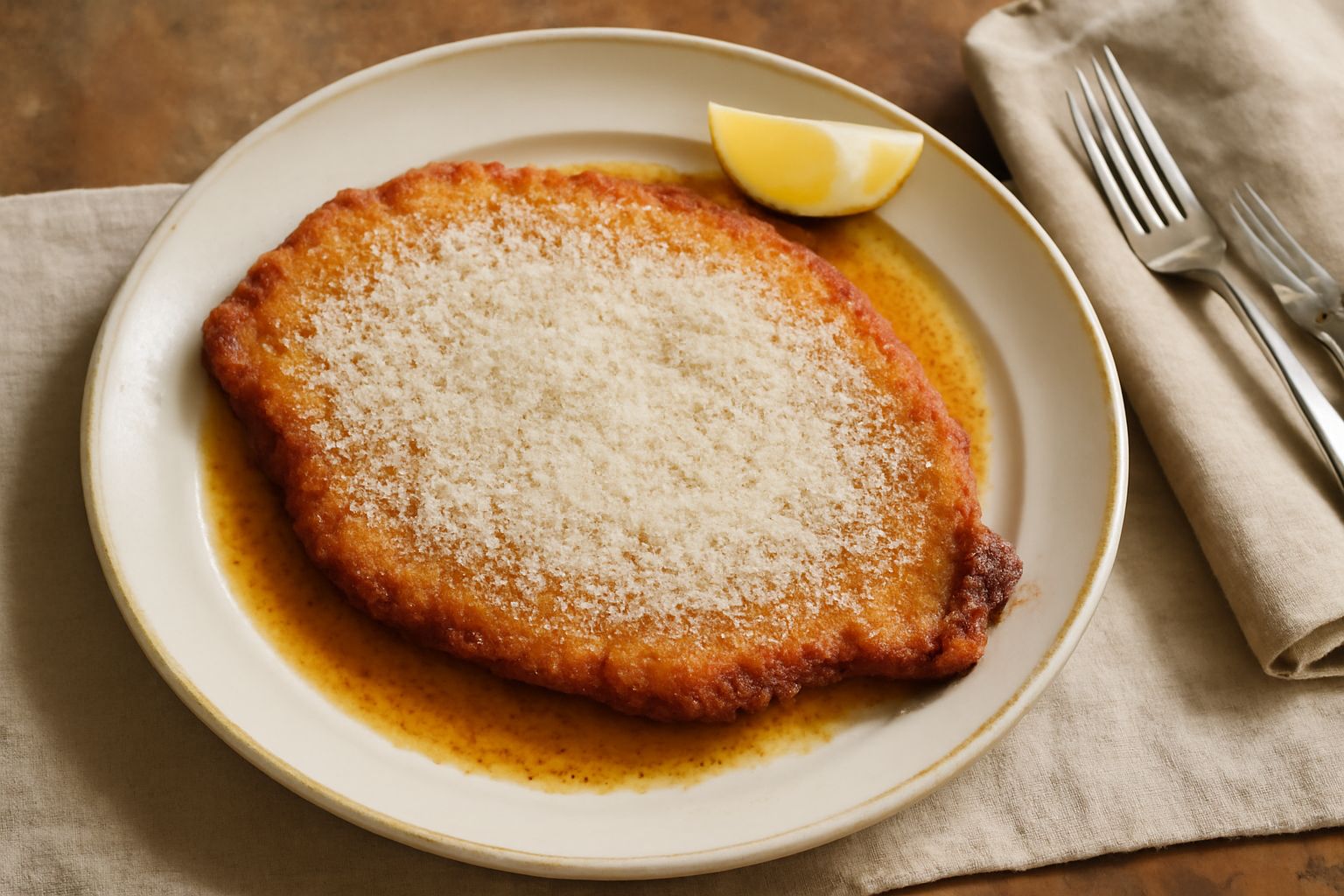 Cotoletta dorata e croccante su un piatto bianco, spolverata di formaggio parmigiano grattugiato, con contorno di limone tagliato a spicchi e foglie di prezzemolo fresco