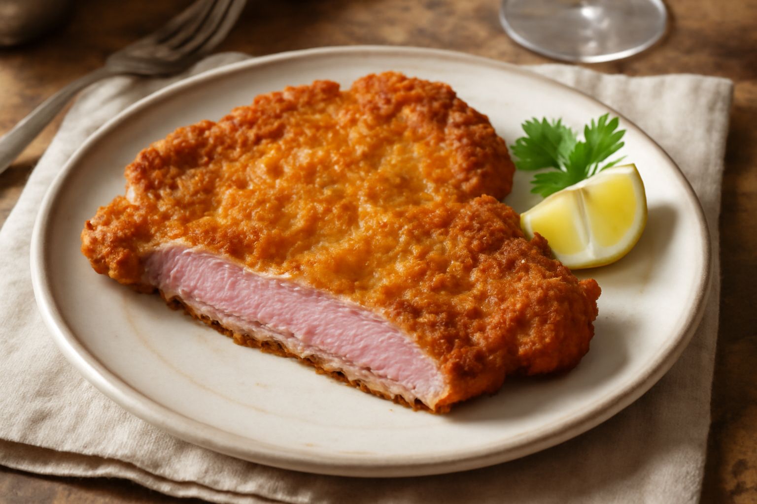 Cotoletta dorata e croccante in un piatto bianco, bordo esterno marrone scuro croccante, centro pallidamente rosato, circondata da limone tagliato a spicchi e una leggera guarnizione di prezzemolo fre