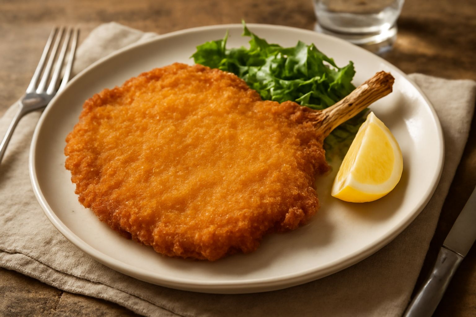 Cotoletta dorata e croccante servita in un piatto bianco, guarnita con spicchi di limone fresco e accompagnata da riso e verdure cotte al burro