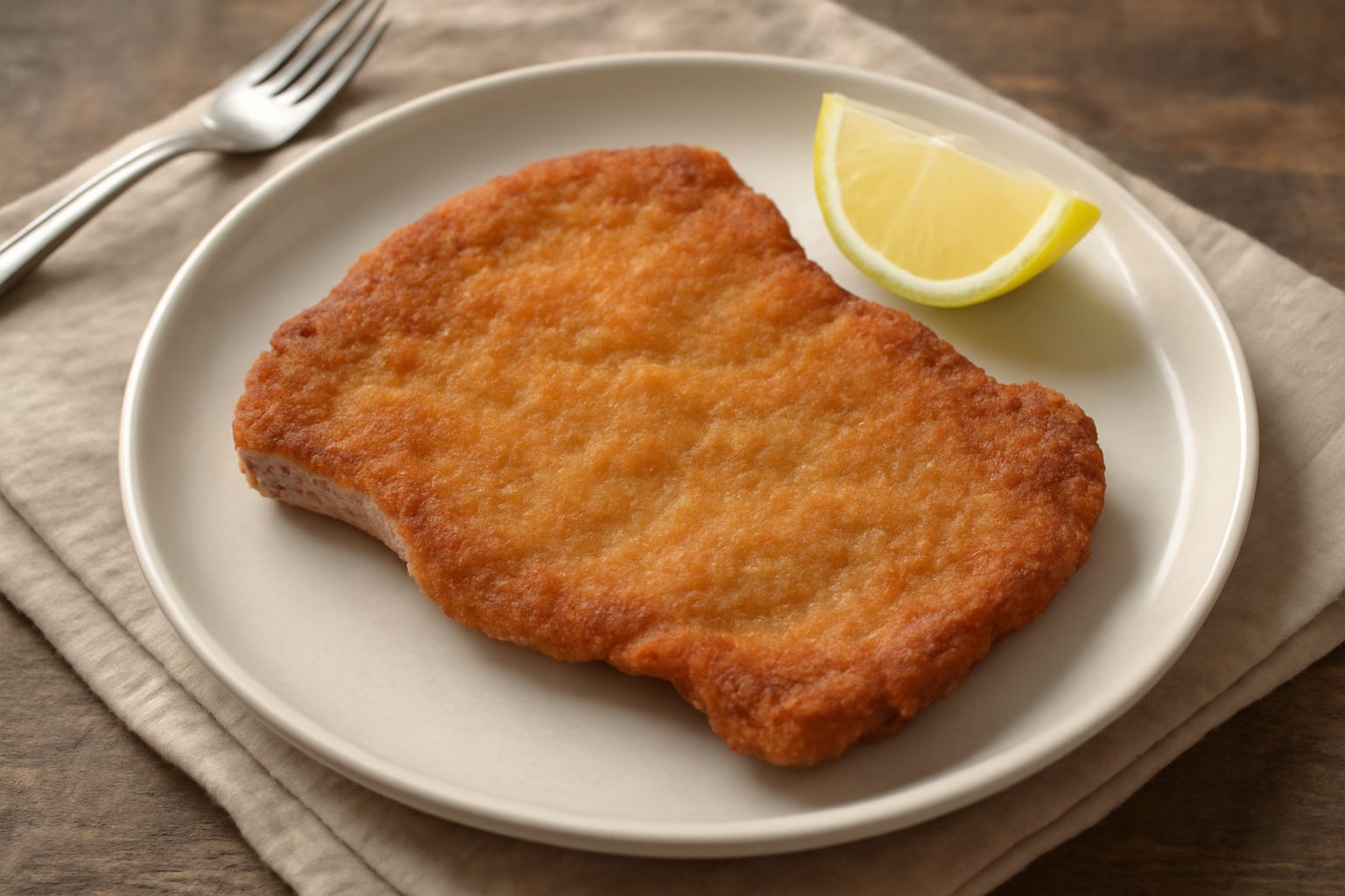 Cotoletta dorata con panatura croccante su piatto bianco, contornata da limone tagliato a spicchi e insalata verde fresca, luce naturale