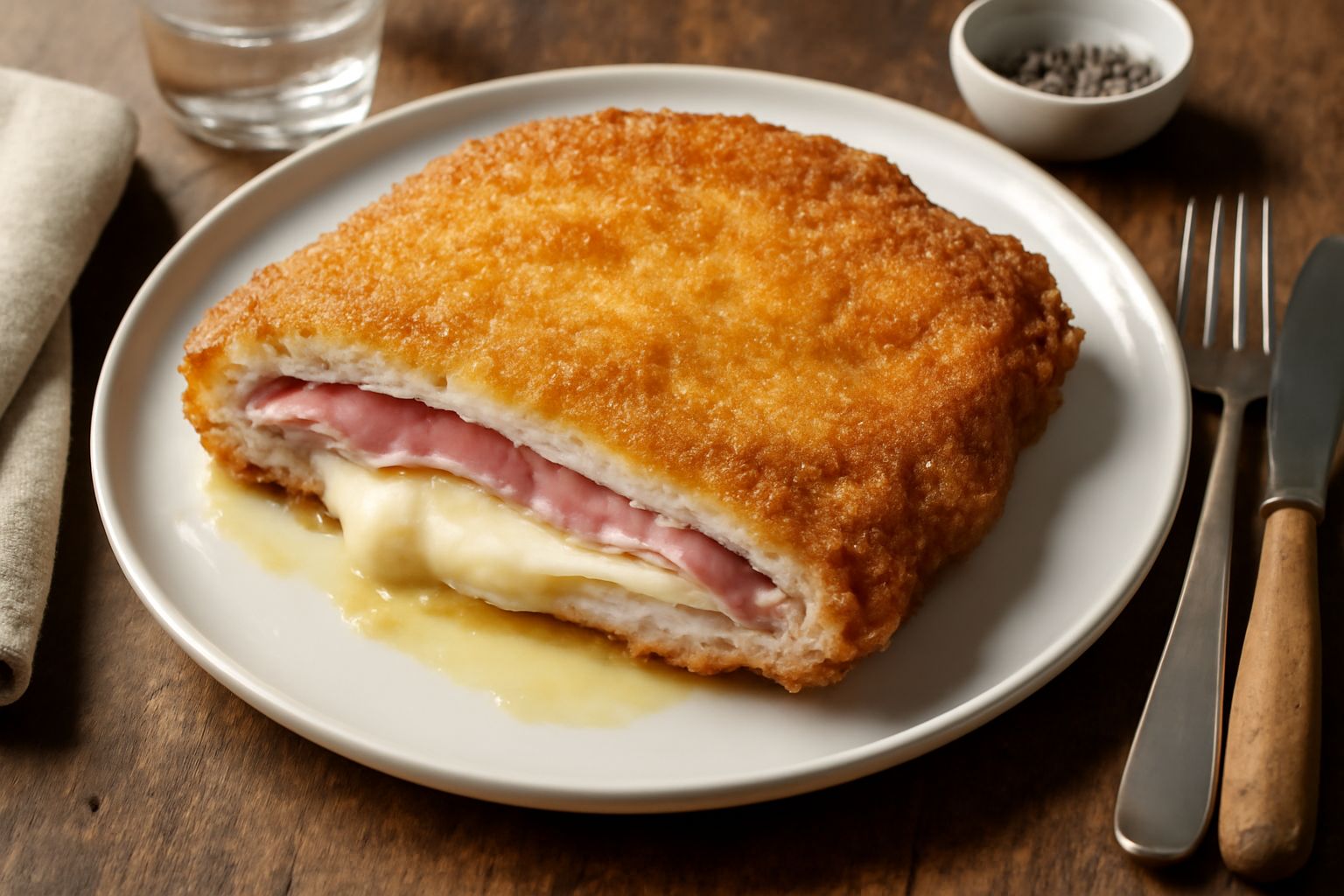 Una cotoletta alla modenese dorata e croccante, tagliata a metà per mostrare il ripieno di prosciutto e formaggio, servita su un piatto bianco con limone fresco affettato