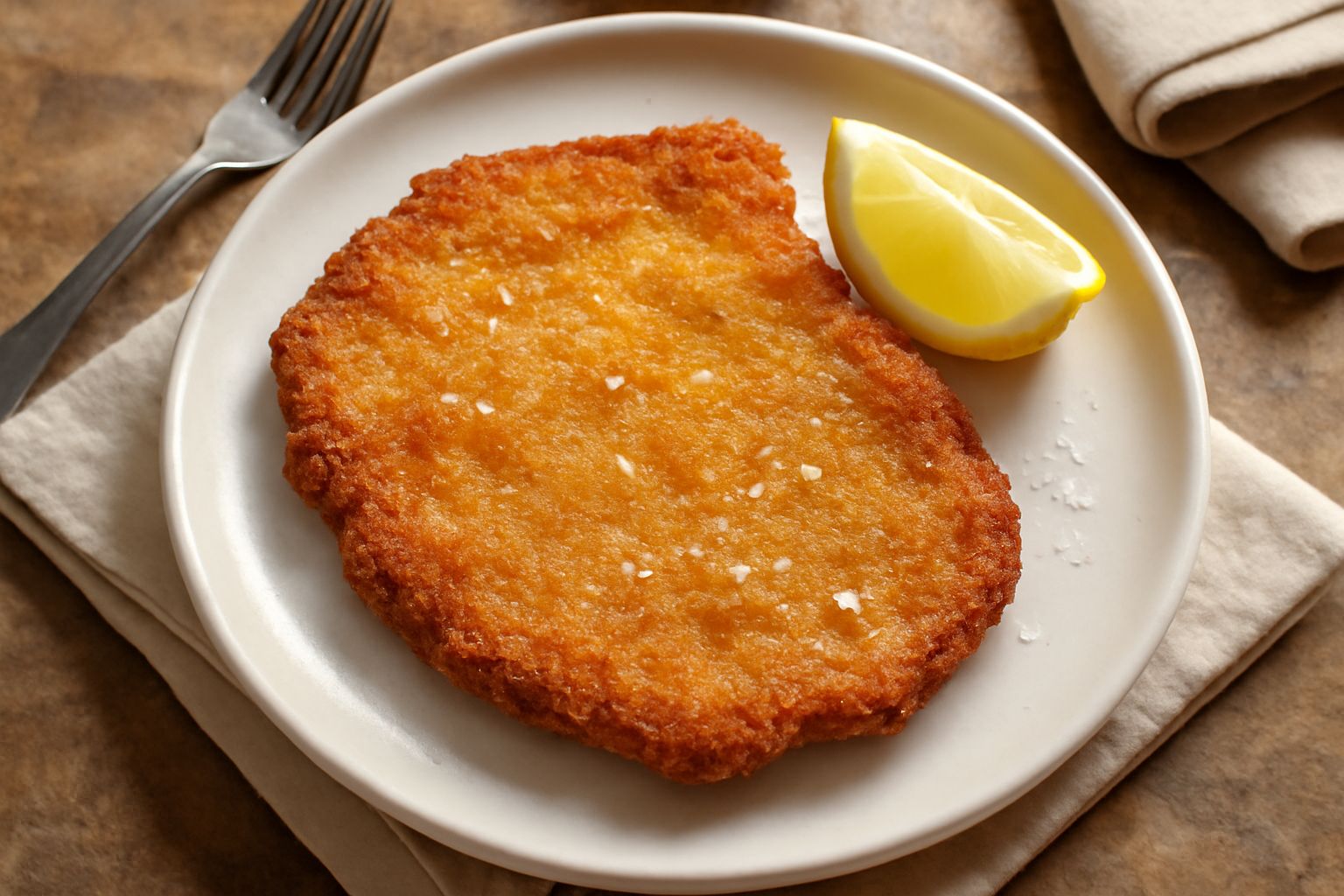 Cotoletta dorata e croccante su piatto bianco, accompagnata da una fetta di limone giallo e un pizzico di sale marino grosso sparso intorno