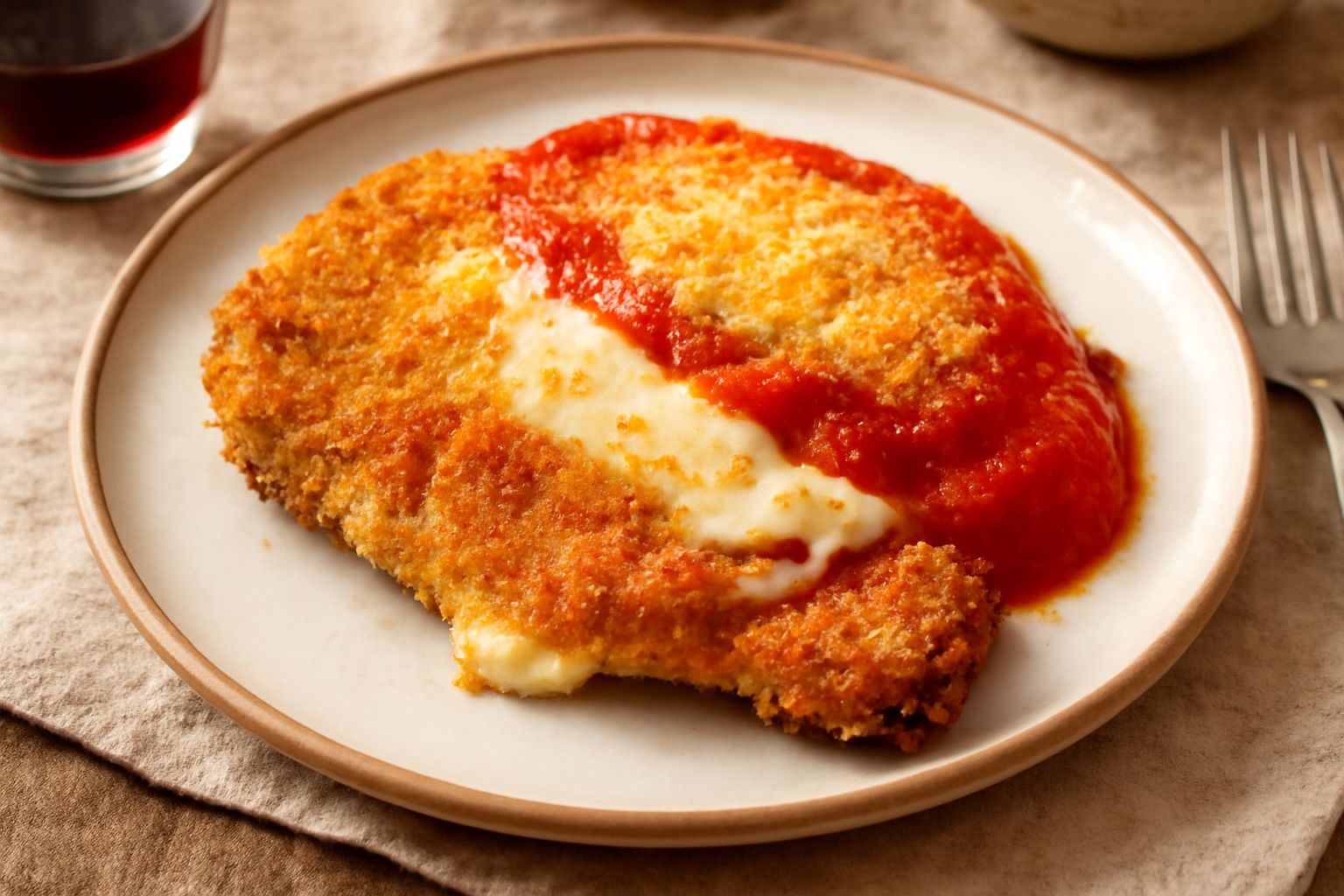 Cotoletta dorata fritta nel piatto bianco, ricoperta di sugo rosso di pomodoro, mozzarella filante bianca e parmigiano grattugiato giallo, contornata da insalata verde fresca