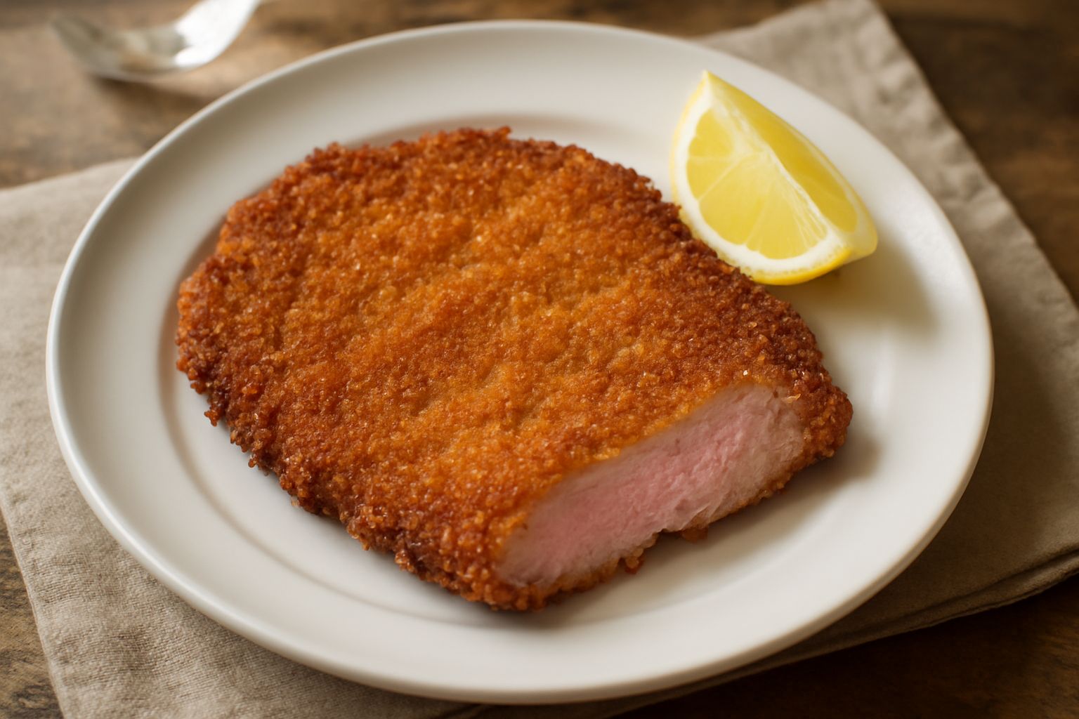 Una cotoletta dorata e croccante su un piatto bianco, guarnita con una fetta di limone giallo limone e una piccola insalata verde al lato